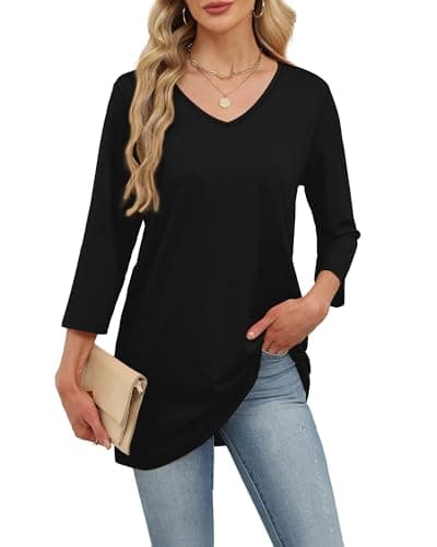 Image of WIHOLL Womens 3/4 Sleeve Tops Ladies Blouse V Neck Tunic Long Sleeve T Shirts Office Wear Black Size 14-16 for UK