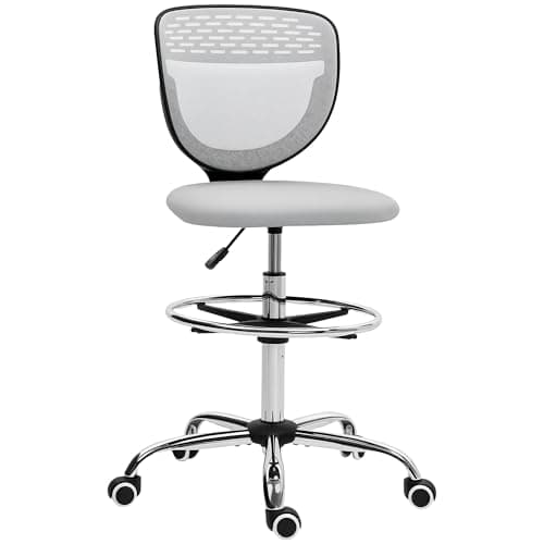 Image of Vinsetto Drafting Chair, Swivel Office Draughtsman Chair, Mesh Standing Desk Chair with Adjustable Foot Ring, Armless, Light Grey