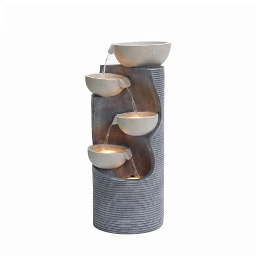 Image of Serenity Large Four Bowl Cascading Water Feature with 4 LED Lights Outdoor Free Standing Stone-Effect Mains Powered