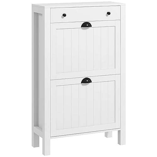 Image of HOMCOM Narrow Shoe Cabinet, Slim Shoe Storage Cabinet with 2 Flip Drawers, Adjustable Shelves and Top Drawer for Entryway, Hallway, White