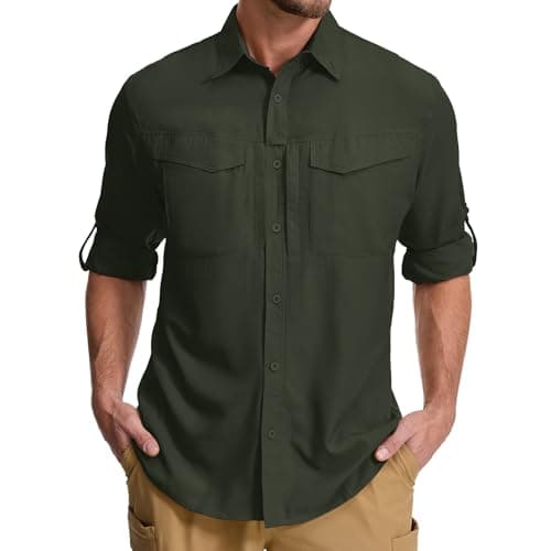 Image of Winebox Mens Hiking Shirts Long Sleeve Sun Protection Safari Quick Dry Breathable Travel Shirt with Pockets for Walking Fishing Camping(Army Green-S)