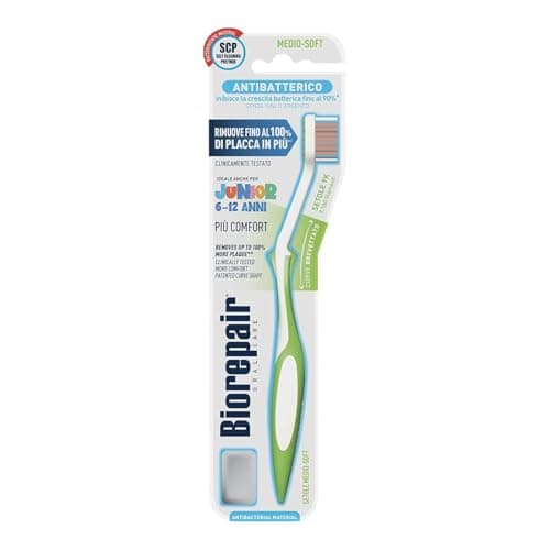 Image of Biorepair, Junior Toothbrush, Children Toothbrush 6-12 Years, Clinically Tested, with Medium-Soft Bristles, Patented Curved Shape, Antibacterial, Removes Up to 100% More Plaque