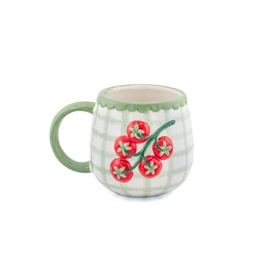 Image of Sass & Belle Handpainted Tomato Mug - Gingham Ceramic Coffee and Tea Cup – Unique Gift for Mum, Novelty Mugs for Him or Her, Home Kitchen Tableware, Quirky Collectible