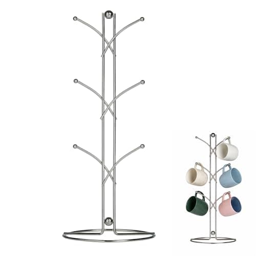 Image of Premier Housewares Chrome 6 Cup Mug Tree | Stylish Wire Stand With Polished Chrome Finish | Holds Up To 6 Mugs For Easy Access And Display | Countertop Organiser