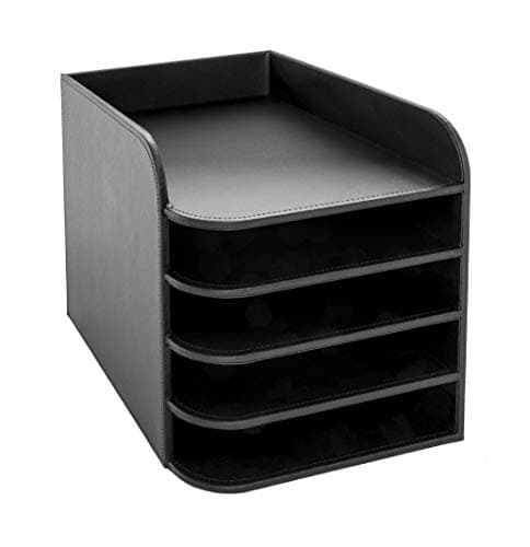 Image of OSCO Black Faux Leather Five Tier Designer Letter Tray, A4 Desk File Organiser, Paper Storage, Office Document Sorter, Paperwork Filing, No Assembly Required, Elegant Desktop Tidy