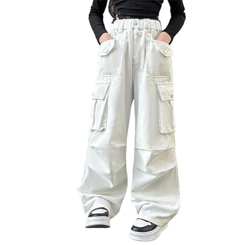 Image of Baggy Cargo Jeans for Girls Oversized Multi Pockets Wide Leg Retro Denim Trousers Teen Kids Straight Elastic High Waist Summer Streetwear Y2k Trousers Clothes (White, 9-10 Years)
