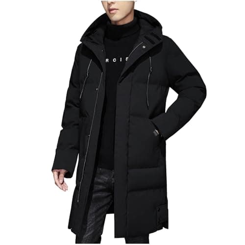 Image of RLEHJN Longline Puffer Jacket Mens, Winter Coats for Men Outdoor Down Jackets with Pockets and Hood Long Puffer Coat Full Zip Hoodies Warm Solid Color Hooded Outerwear for Travelling, Walking M-4XL