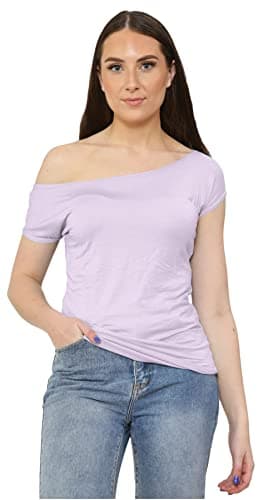 Image of Hamishkane Ladies Short Sleeve Off Shoulder Plain Stretchy Slim Fit Bardot T-Shirt Top Lilac