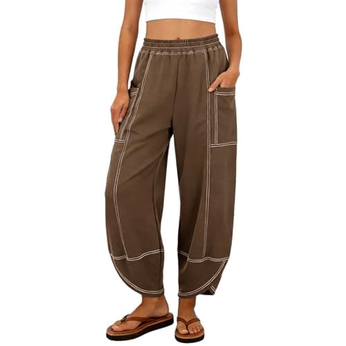 Image of Saxrel Coffee Cotton Linen Summer Trousers for Women UK - Wide Leg Pants Elastic Waist Drawstring Joggers Contrast Stitch Ladies Work Trousers for Office Outdoor Walking