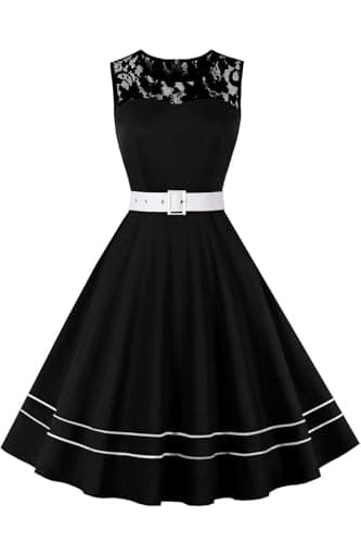 Image of AXOE Women's 1950s Vintage A-Line Dress Fit and Flare Swing with Removable Belt for Wedding Guest & Cocktail Party UK White and Black, Size 14, L
