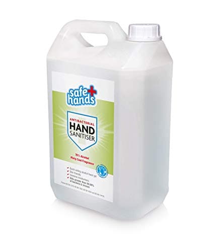 Image of Safe Hands | Hand Sanitiser Gel | Minty Cool - Cucumber & Mint Scent | 70% Alcohol | 5 litre | Antibacterial & Antiviral Hand Sanitizer Refill | Fully Certified