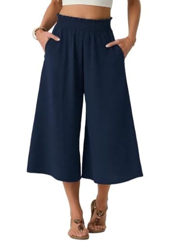 Image of PrinStory Wide Leg Trousers for Women UK Elasticated High Waist Capri Trousers Casual Palazzo Pants Loose Lounge Culottes (Navy Blue, L)