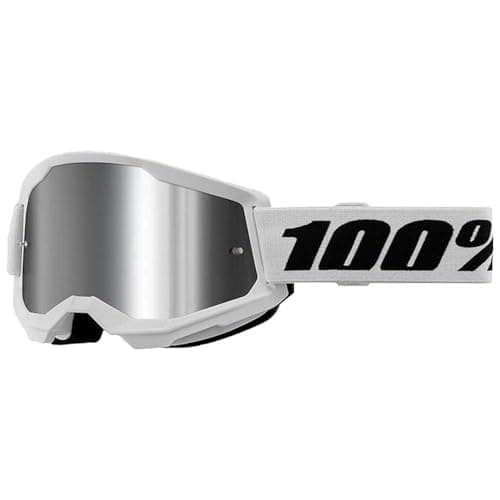 Image of 100% Strata 2 Goggles | Mirrored & Clear Lens Options | MTB/MX Goggles – Anti-Fog, Sweat-Absorbing Foam, Silicone Strap | Adult Off-Road Riding Eyewear Protection (White, Silver Mirro)