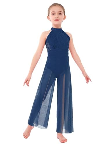 Image of FEESHOW Kids Girls Sequin Lyrical Dance Dress Sheer Mesh Wide Leg Pants Jumpsuit Modern Contemporary Dancewear Navy Blue 11-12 Years