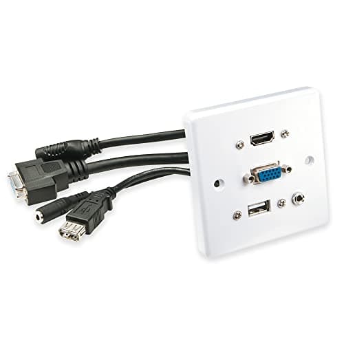 Image of Lindy Multi AV Faceplate, Single Gang, HDMI, VGA, USB Type A, 3.5mm Audio, Fits a Standard UK Mains Back Box, 10cm Trailing Leads, White