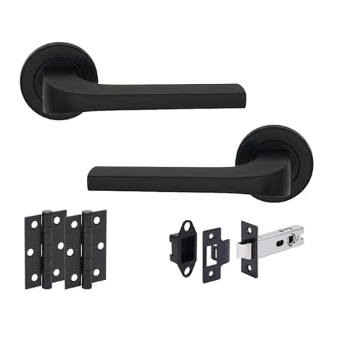 Image of Hunta HANDLEZONE® Vento Matt Black Internal Door Handle Pack - Lever on Rose Set - 76mm Tubular Latch (57mm Backset) & 2 Ball Bearing Hinges - Passage for Internal Wooden Doors - 1 Pack