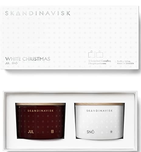 Image of Skandinavisk White Christmas Giftset of 2 Scented Candles. JUL 'Christmas' and SNÖ 'Snow'. Vegan Formula. 2 x 90g