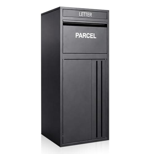 Image of BELOFAY Floor Mounted Parcel Box, Lockable Outdoor Parcel Delivery Box, Weatherproof Steel Drop Box with Flip Lid & Secure Front Door Access, Black, 38.5D x 45W x 102.4Hcm