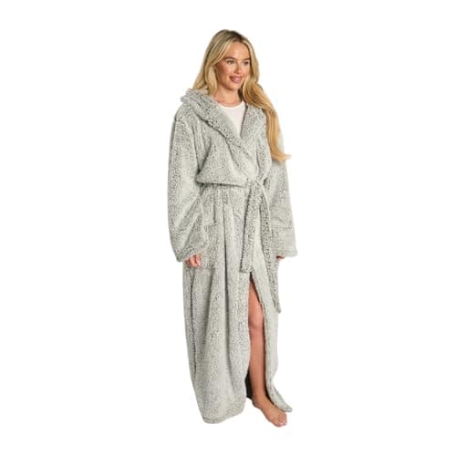 Image of OHS Dressing Gown Womens Teddy Marl, Super Soft Warm Hooded Full Length Unisex Dressing Gown with Pockets Oversized Adult Bathrobe for Loungewear & Sleepwear, Green - One Size