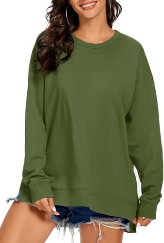 Image of APEIYU Casual Long Sleeve Tops for Womens Sweatshirts Loose Side Split High Low Batwing Pullover Tunic Tops Tees Olive L