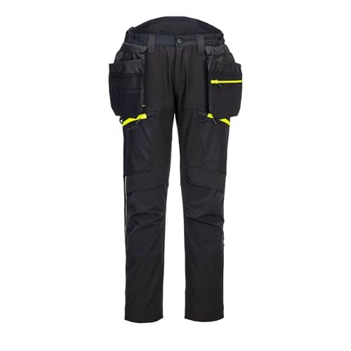 Image of Portwest DX450 Lightweight Detachable Holster Work Trousers Mens Softshell Multi Pockets Stretch Safety Workwear Cargo Combat Pants Black, 34