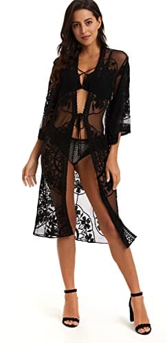 Image of marysgift Beach Cover Ups for Women UK Lace Kimonos for Women Black Dress Coverup for Beach Summer Black Long Gauze Cardigan Plus Size 6-20 Black A0072