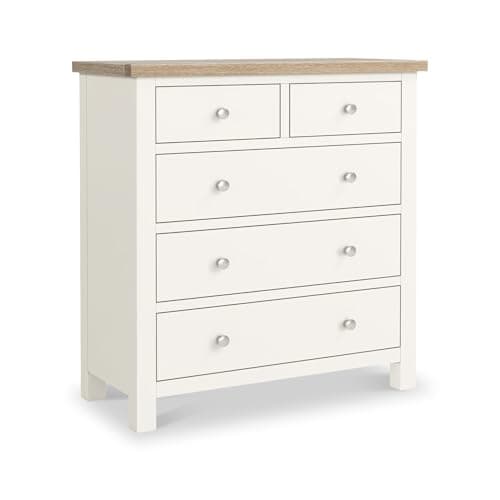 Image of RoselandFurniture Farro Coconut White 2 Over 3 Chest of Drawers with Washed Oak Top | Fully Assembled | Contemporary Painted Solid Wooden 5 Drawer Bedroom Storage Dresser