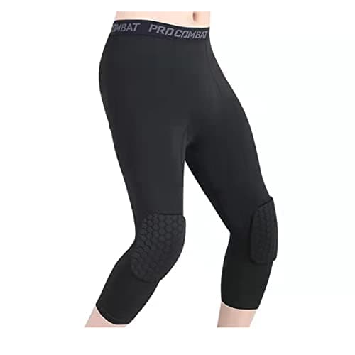 Image of Topeter Basketball Leggings with Knee Pads 3/4 Compression Pants for Lacrosse Football Black L