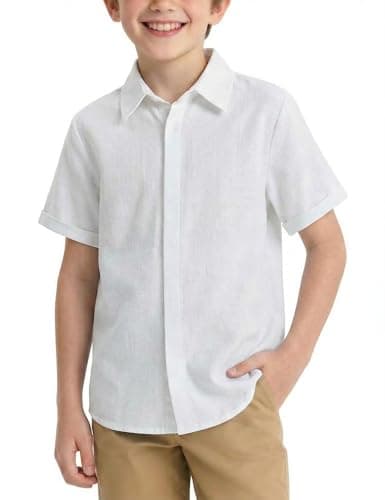 Image of Arshiner Boys Button-Down Shirt Short Sleeved - Soft, Breathable, Lightweight Basic Kids Shirts for Summer, Holidays, Casual and School 13-14 Years White