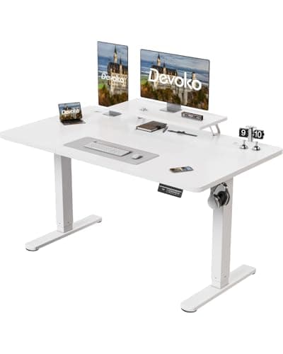 Image of Devoko Electric Standing Desk 140 x 60cm with Monitor Stand, Height Adjustable Desk for Gaming, Home Office Table with 2 Memory Smart Pannel (White)
