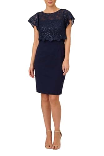 Image of Adrianna Papell Women's Sequin Guipure Crepe Dress, Navy, 10