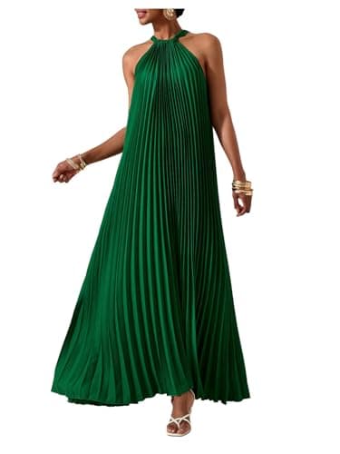 Image of GORGLITTER Summer Holiday Dresses for Women Halter Neck Tie Back A Line Pleated Flowy Maxi Date Night Dress Dark Green Small