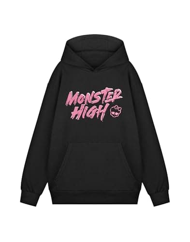 Image of Monster High Women's Black Long Sleeve Fangtastic Hoodie | Casual Hooded Top with Pink Text | Cartoon Character Apparel | Classic Solid Lightweight Sweatshirt