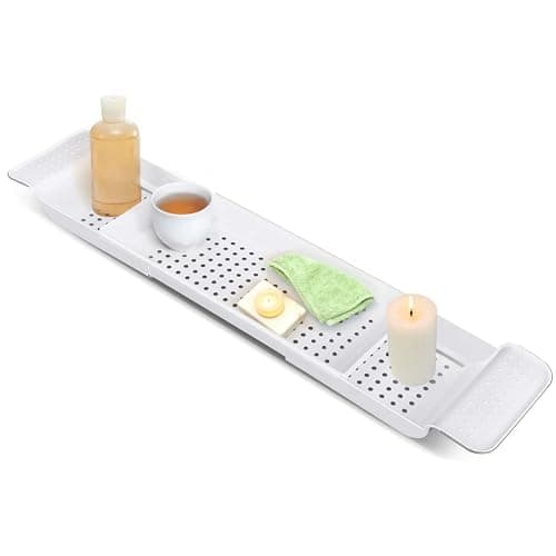 Image of ADEPTNA Adjustable Bathtub Caddy Tray Expandable Bath Rack Tray Retractable Bathroom Shelf with Drain Holes Multipurpose Holder for Wine Glass Book Tablet Candle Bathroom Kitchen Accessories (WHITE)