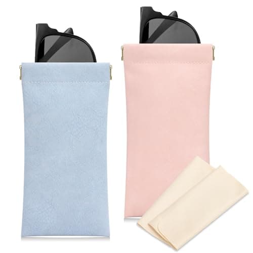 Image of Etercycle Soft Eyeglass Case, 2 Pcs Travel Sunglass Cases Portable Squeeze Top Leather Glasses Bag for Women Men(Blue, Pink)