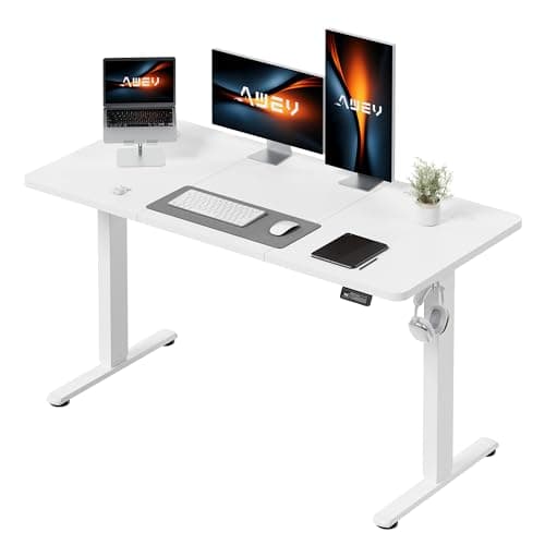Image of AWEV Electric Standing Desk 140 x 60 cm, Height Adjustable Sit Stand Desk with Backpack Hook & Memory Smart Pannel, Home Office Desk, White