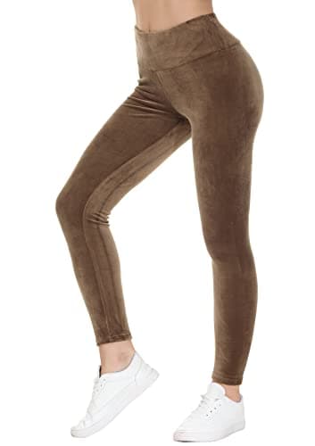 Image of COZZIPLUS Women Velour Legging- High Waisted Buttery Soft Velvet Stretchy Legging, Mocha, Large