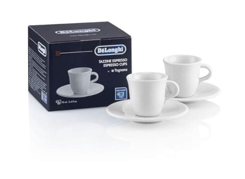 Image of De'Longhi DLSC308 Porcelain Espresso Cups with Saucer, Set of 2 Cups, Handmade, Made of Porcelain, Microwave and Dishwasher Safe, Capacity 70 ml, White