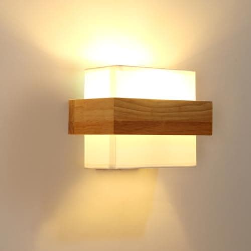 Image of DELIPOP Wooden Wall Lights Indoor, Square Wall Lamps with Fabric Lampshade, E27 Wall Lighting Fixtures for Bedside Bedroom Living Room Corridor Dining Room Hallway