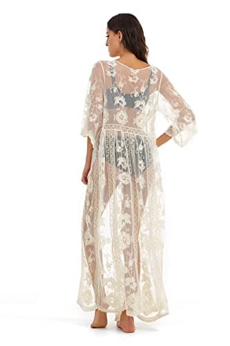 Image of marysgift Lace Kimono for Women Beach Cover Up See Through Bikini Swimsuit Swimwear Bathing Suit Long Beach Dress Floral Cardigan Beige