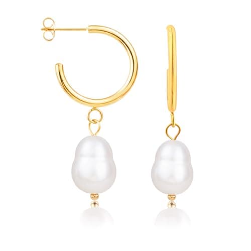 Image of Pearl Drop Hoop Earrings, 1 Pair 18K Gold-Plated C-Shape Design Earrings for Women Lightweight Wedding Jewellery Pearl Hoop Earring Gold for Engagement Anniversary Party Gift