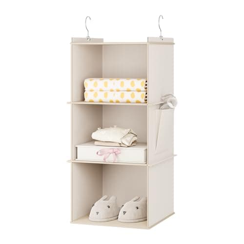 Image of YOUDENOVA Hanging Storage 3 Shelves Closet Organizers and Storage Foldable Hanging Shelves with Side Pockets Wardrobe Organizer for Clothes Beige