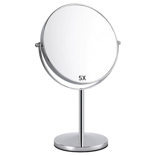 Image of ANGNYA Makeup Mirror Double Sided Vanity Mirror 20 cm(8-Inch), 1X and 5X Magnifying Mirror Round Freestanding Shaving Mirrors for Bedroom, 360 Degree Swivel with Stainless Steel Frame