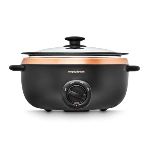 Image of Morphy Richards 6.5L Sear and Stew Slow Cooker, Dishwasher Proof Non Stick Aluminum Pot, Cool Touch Handles, Matte Black and Rose Gold, 461016