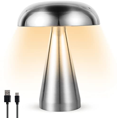 Image of Mushroom Table Lamp USB Rechargeable Desk Lamp Portable Cordless LED Desk Light Touch Control Night Light with 3 Color Dimming Decorative Metal Bedside Lamp for Bedroom Living Room Dining Room(silver)