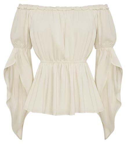 Image of SCARLET DARKNESS Womens Summer Victorian Tops Off the Shoulder Long Sleeve Tops for Women UK Elastic Waist Peplum Blouse Light Apricot L
