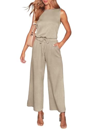 Image of LACOZY Women's One Piece Jumpsuit Casual Loose Sleeveless Tank Overalls Elastic Waist Stretchy Romper with Pockets Apricot S