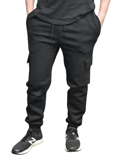 Image of True Face Mens Trouser Fleece Sweatpants Cargo Combat Joggers Multi Pockets Elasticated Ribbed Sports Running Fitness Gym Jogging Bottoms Black Ribbed M