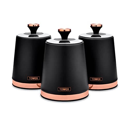 Image of Tower Cavaletto Set of 3 Storage Canisters for Tea/ Coffee/ Sugar, Steel, Black and Rose Gold