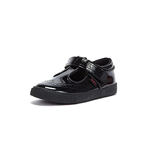 Image of Kickers Girl's Tovni Brogue T-Bar Black Leather School Shoes | Classic Brogue Detailing | Everyday Comfort Fit, Cushioned for All-Day Wear, Black, 5 UK Child